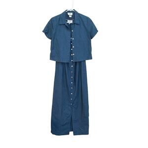 Vintage Y2K 90s ICE Women's Blue Cotton-Linen Midi Dress & Shirt Outfit Size 4